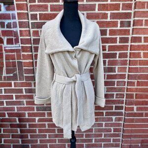 Talbots Knit Cardigan Sweater PS Tan Gold Metallic Belted Coatigan Shawl Collar